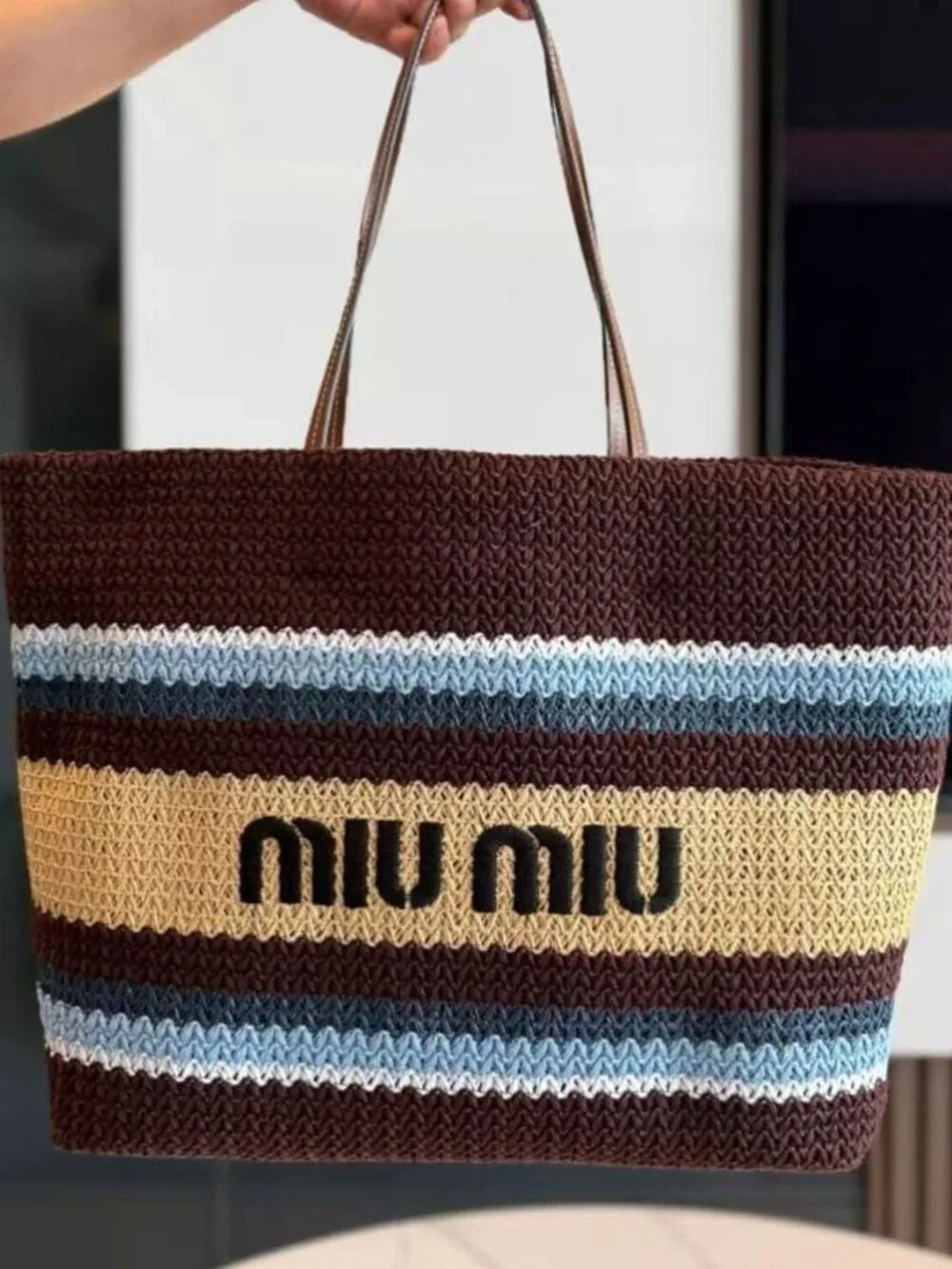 Miu Miu Striped Woven Raffia Tote Bag